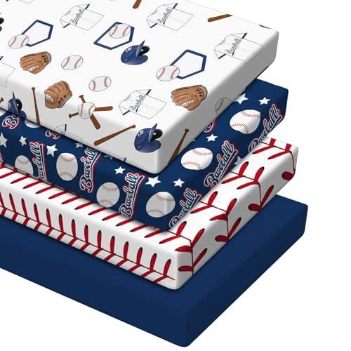 4 Pcs Baseball Crib Sheet for Standard Nursery Decor | Fits 52x28x8 Inch Mattresses, Nursery Bedding Newborns Toddlers, Elastic Corners, Perfect Baby Shower Gifts Girls Boys
