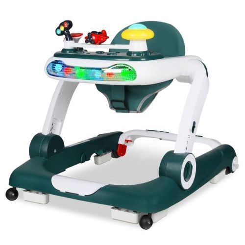 Kinder King 5-in-1 Baby Walker With Music & Lights, Activity Center For Toddler, Adjustable Height, Safety Bumper, Green