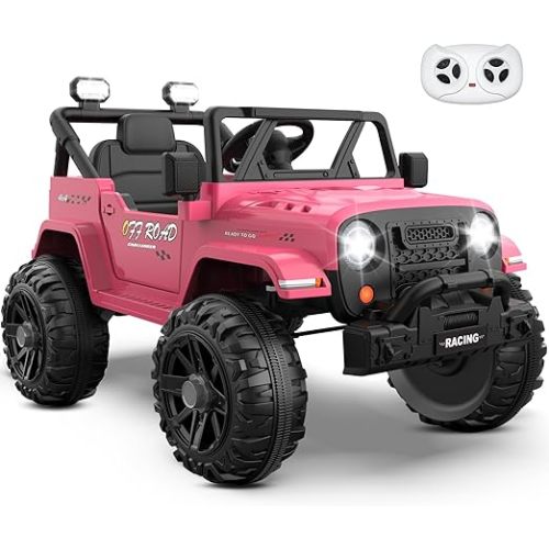 12V Ride On Truck Car with Remote Control, Kids Electric Vehicles with Bluetooth Music, Horn, 3 Speeds, 4 LED Lights, Soft Start, Ride-on Toy for Toddler Boys & Girls (Pink)