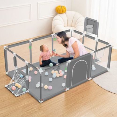 Gotgelif 71"x48" 4-panel Baby Playpen Foldable Playard With Basketball Hoop Gray