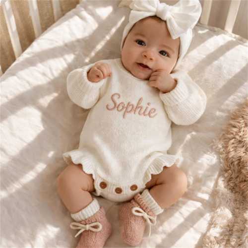 Personalized Baby Girl Romper with Headband and Booties, Dusty Rose Ruffle Knit Sweater, Embroidered Name Coming Home Outfit, Newborn Gift