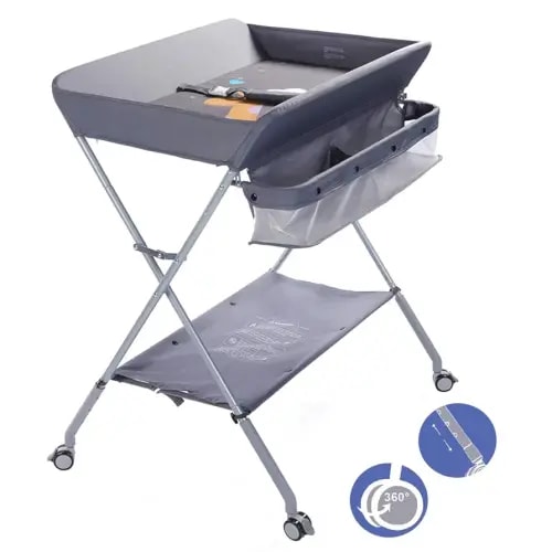 Baby Changing Table Portable Folding Diaper Changing Station with Wheels, Adjustable Height Mobile Nursery Organizer with Safety Belt and Large Storage Racks for Newborn Baby and Infant, Gray