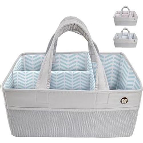 MIGHTY MONKEY Oversized Stain Resistant Baby Diaper Caddy Organizer with Handle, Adjustable Mesh Storage Bin Compartments for Diapers, Baby Wipes, Newborn Changing Table Nursery Essentials, Gray Blue