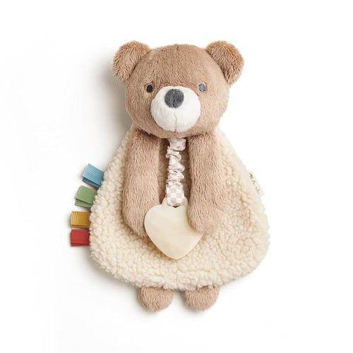 Itzy Ritzy - Itzy Lovey Including Teether - Baby Lovey with Teether, Textured Ribbons & Dangle Arms - Features Crinkle Sound, Sherpa Fabric and Minky Plush (Bear)