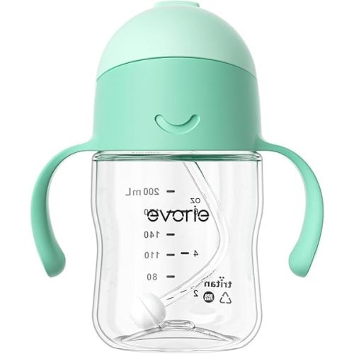 Evorie Tritan Weighted Straw Sippy Cup with Handles for Baby and Toddlers 6 months up, 7 Oz Soft Silicone Straw Infant First Training Water Bottle (Mint)