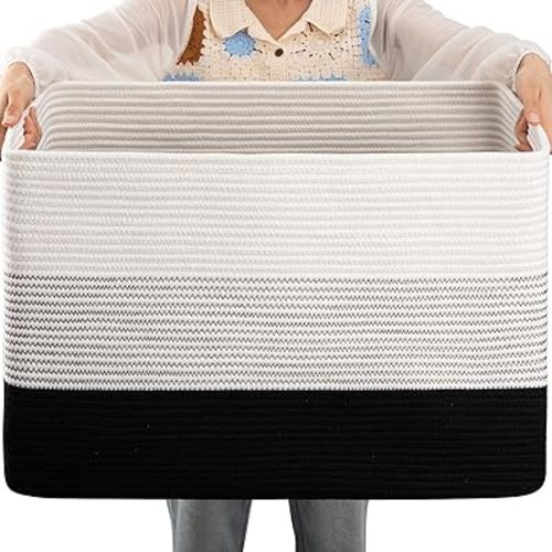 OIAHOMY 108L Large Cotton Rope Basket, Rectangle Woven Baskets for Storage, Nursery Blanket Basket Living Room, Toy Basket With Handle, Baskets for Organizing-25”x16”x16”-Gradient Black