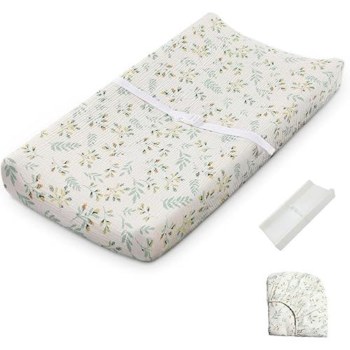 Blissful Diary Muslin Baby Changing Pad with Waterproof Lining Foam, Diaper Changing Table Pad with Cover for Dressers (Botanical Leaf, Rectangular)