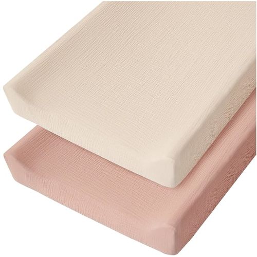 Konssy Muslin Changing Pad Cover for Baby Girls Boys, 100% Cotton Fitted Diaper Chang Table Covers, Soft Breathable Changing Pad Sheets, 2 Pack (Pink,Cream)