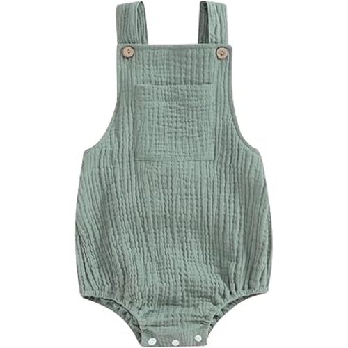 Sasaerucure Baby Cotton Linen Overalls Solid Color Sleeveless Square Neck Backless Romper for Boys Girls