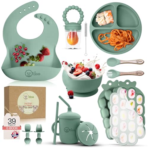 O'doe Baby Weaning Set 15 Pcs Silicone Baby Feeding Set with Suction Plate, Bowl, Bib, Sippy Cup, Fruit Feeder & Freezer Tray Baby Plates and Bowls Set for 3M+ | BPA-Free Baby Dishes & Utensils