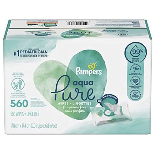 Baby Wipes, Pampers Aqua Pure Sensitive Water Baby Diaper Wipes, Hypoallergenic and Unscented, 10X Pop-Top Packs, 560 Count (Packaging May Vary)