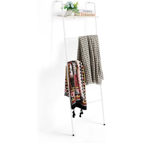 Blanket Ladder Wall Leaning Blanket Holder with Wood Shelf, Farmhouse Towel Ladder 5 Tier Metal Blanket Rack Decorative Ladder for Living Room Bathroom Rustic White