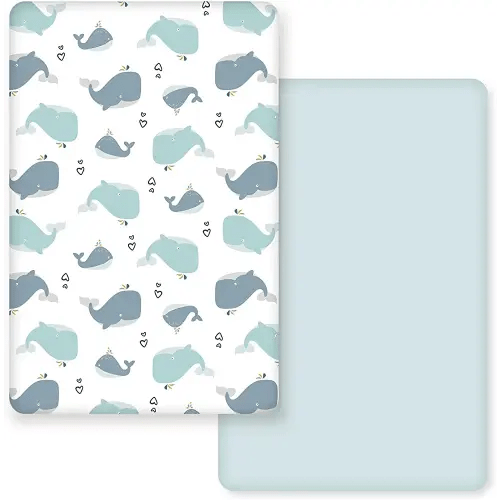GRSSDER Stretchy Ultra Soft Jersey Knit Fitted Pack n Play Sheets Set 2 Pack, Portable/Mini Cribs Playards Sheets, Lovely Whale for Girls and Boys