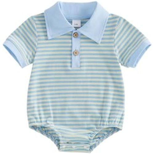 VISGOGO Baby Boy Striped Romper Waffle Short Sleeve Button Oversized Bodysuit Summer Baby Collared Onsie Polo Shirt Clothes