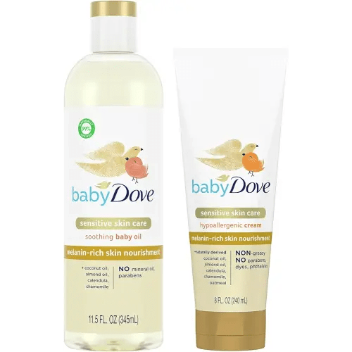 Dove Baby Oil & Baby Lotion, Melanin-Rich Skin Nourishment – Sensitive Skin Care Soothing Baby Oil & Hypoallergenic Cream with Coconut & Sweet Almond Oil, Calendula & Chamomile (2 Piece Set)
