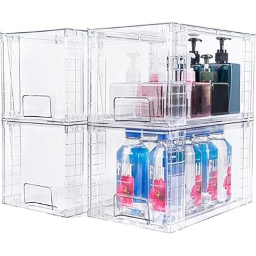 4 Pack Large Stackable Storage Drawers,Clear Acrylic Drawer Organizers with Handles, Easily Assemble for Kitchen Undersink,Bathroom,Cabinet,Makeup,Closet,Pantry,Organization and Storage