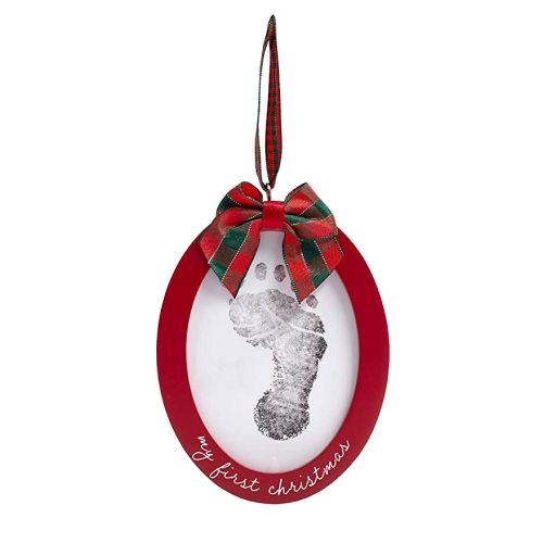 Pearhead Babyprints Double-Sided Christmas Photo Ornament with Clean Touch Ink Pad, Baby's First Christmas Holiday Keepsake Ornament, Newborn Handprint or Footprint Kit, 2 Sided, Red