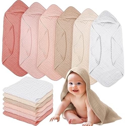 12 Pcs Baby Muslin Hooded Bath Towels and Washcloths, 32 x 32 Inch Muslin Cotton Hooded Baby Towels Absorbent Hooded Blankets for Gift Newborn Infant Shower (Pink Beige Series)