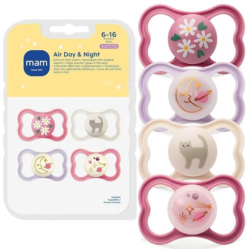 MAM Air Pacifier for Babies 6-16 Months, Extra Air Flow for Sensitive Skin, Glows in The Dark, Developed with Medical Experts, BPA-Free Skin Soft Silicone, 4 Pack, Made in Europe
