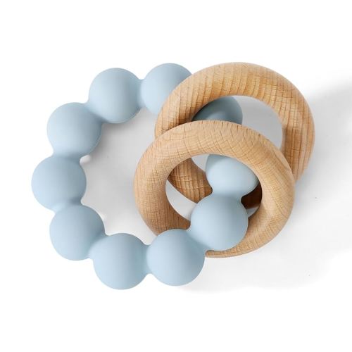 Socub Baby Teething Toys for 0-6 6-12 Months | BPA-Free Food-Grade Silicone & Natural Beech Wood Teether Ring for Newborn Infants Teething Relief | Easy-Grip Sensory Rattle Toys(Baby Blue)