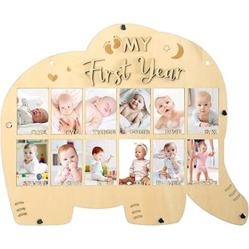 My First Year Picture Frame,One Year Of Photo Board, Baby's First Twelve Months Photo Collage and Gender Neutral Keepsake, Ideal for Baby Shower,New Mom Keepsake Gift and Nursery Decor - With Stand (Elephant sign)
