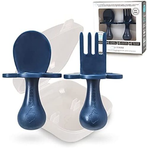 Grabease Baby and Toddler Self-Feeding Utensils – Spoon and Fork Set for Baby-Led Weaning – Made of Non-Toxic Plastic – Featuring Protective Barriers to Prevent Choking and Gagging