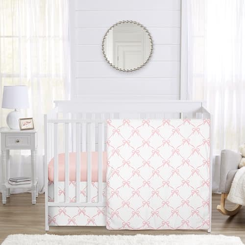Sweet Jojo Designs 3-Piece Baby Crib Bedding Set (Pink Bows) for Girls, Infants/Nursery incl. Blanket, Fitted Sheet and Crib Skirt (Blush and White, Bow, Ballerina, Ballet Dancer, Princess Collection)