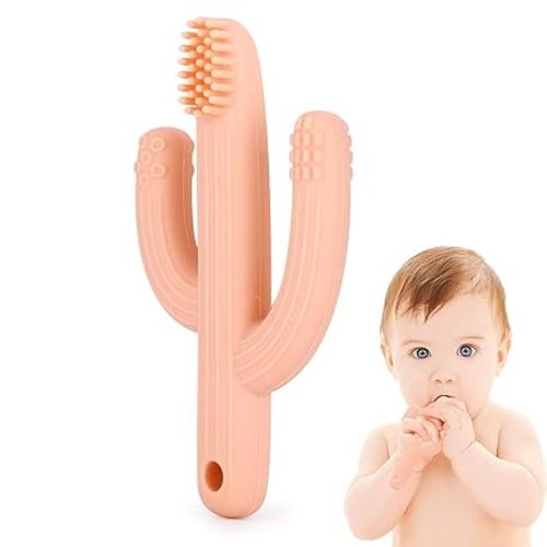 Cactus Teether, Baby Teething Toys for Babies 0-6 Months 6-12 Months, Self-Soothing Pain Relief Soft Baby Toothbrush for Babies, Toddlers, Infants, Boy and Girl, Natural Organic BPA Free(Peachy)