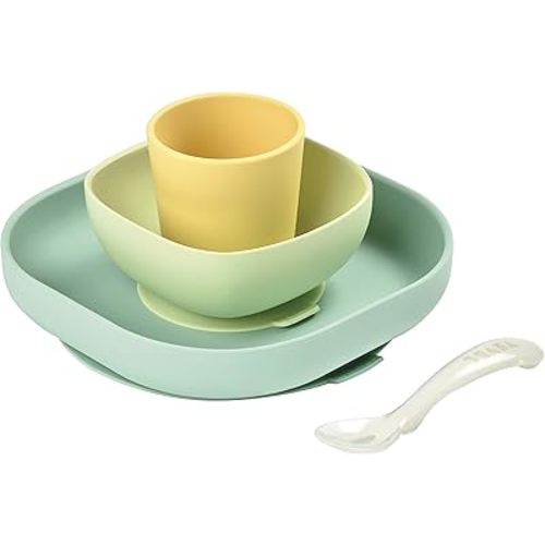 BEABA Silicone 4 Piece Baby Feeding Set, Suction Plates for Baby, Includes Baby Plate, Baby Bowl, Baby Cup, 2nd Stage Silicone Spoon, High Grade Food Safe Silicone, Baby Must Haves, Pastels
