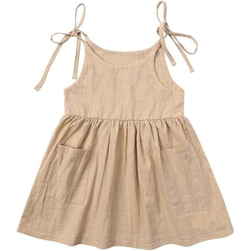 Toddler Baby Girl Summer Cotton Linen White Dresses Bow Straps Sleeveless with Pockets Casual Sundress