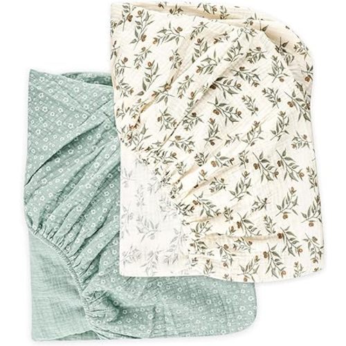 Muslin Crib Sheets 2 Pack for Girl & Boy, HNHUAMING Soft and Breathable Baby Crib Sheet, Neutral Baby Sheets Fitted Standard Crib & Toddler Bed Mattress 52" X 28" (Blue + Green)