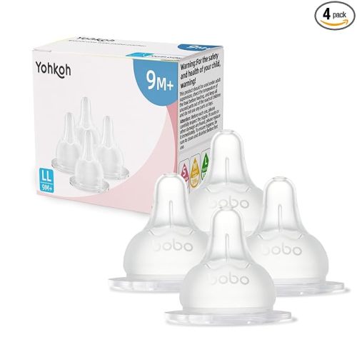 YOHKOH Baby Bottle Nipples for Wide Neck Bottles, 100% Natural Feel Silicone Nipples, BPA-Free (9m+, LL, 4 Counts)