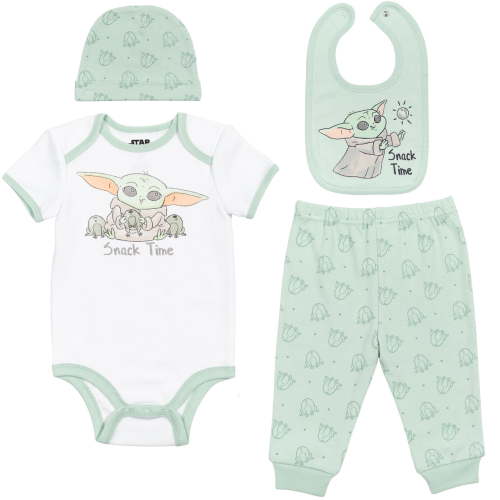 Star Wars The Child Infant Baby Boys Bodysuit Pants Bib and Hat 4 Piece Outfit Set Newborn to Infant