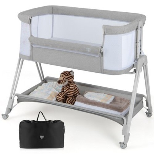 Babyjoy Baby Bedside Sleeper Bassinet with Wheels & Storage Tray Folding Adjustable Crib, Color: Grey