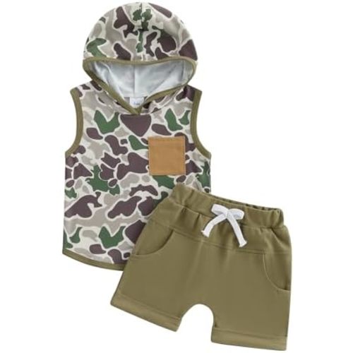 Toddler Boys Summer Outfits Camouflage Hooded Sleeveless Tank Tops Elastic Waist Shorts 2Pcs Clothes Set