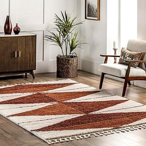 nuLOOM Kali Shaggy Diamond Tassel Area Rug - 3x5 Accent Shag Rug Modern/Contemporary Rust/Ivory Rugs for Living Room Bedroom Dining Room Nursery Entryway