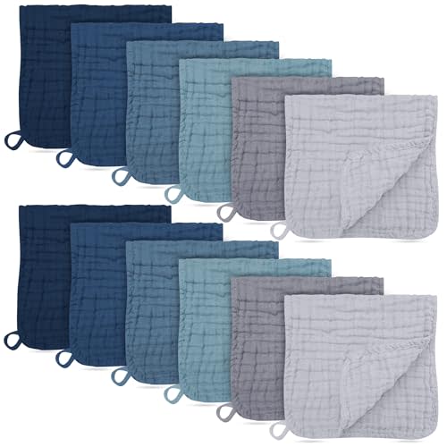 BAMBOO QUEEN 12 Pack Muslin Burp Cloths - Large 20" x 10", Ultra Absorbent 100% Cotton for Baby Drool and Messes - Soft, Gentle Baby Burp Rag for Boys & Girls -Slate, Grey, Navy Series