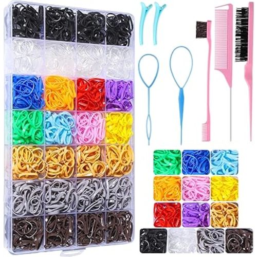 Rubber Bands and Hair Styling Tools Set: 1500 Pcs Elastic Hair Ties with Organizer Box, Baby/Toddler Hair Accessories Gift for Women and Kids