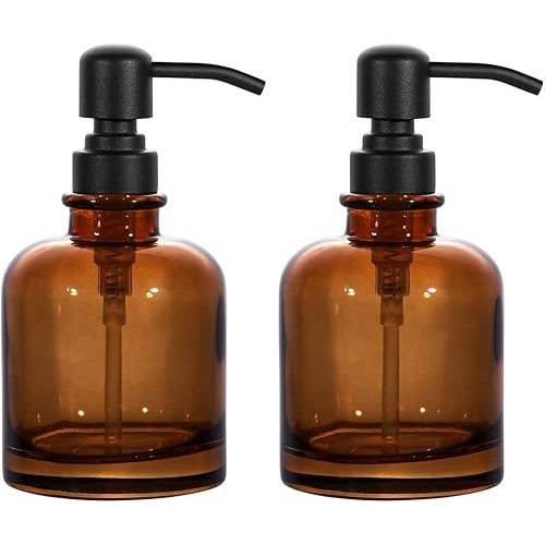 2 PCS Thick Amber Glass Jar Soap Dispenser with Matte Black Stainless Steel Pump, 12ounce Boston Round Bottles Dispenser with Rustproof Pump for Essential Oil (Matte Black)
