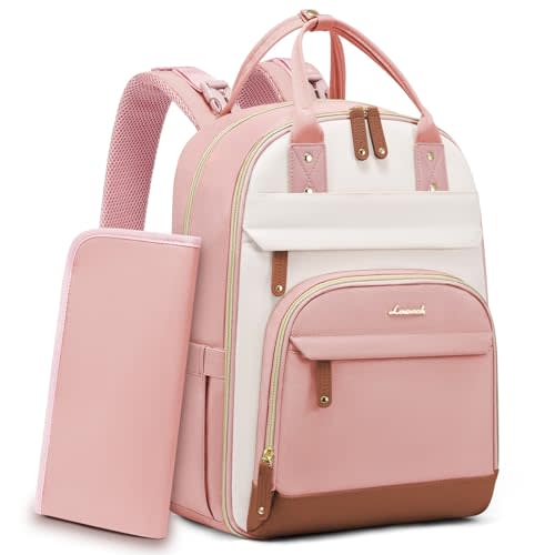 LOVEVOOK Diaper Bag Backpack, Baby Bag with Changing Pad, Large Diaper Backpack Boy Girl, Waterproof Baby Registry Bag for Mom Dad with Stroller Buckles, Pink-beige-brown