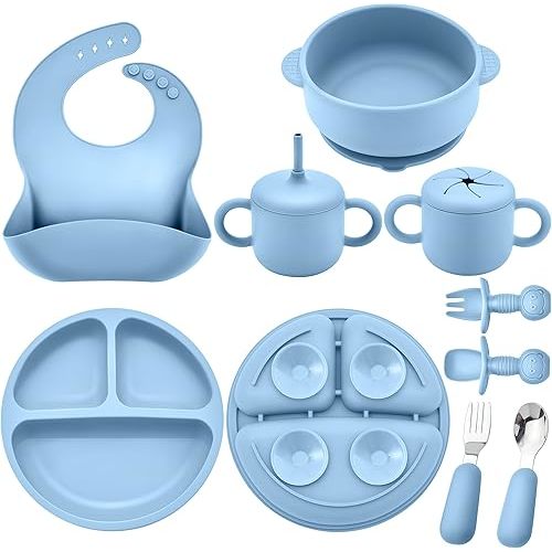 Silicone Baby Feeding Set, Baby Led Weaning Supplies, Eating Essentials Utensils with Suction Plate and Bowl, Pocket Bib, Sippy Cup with Lid, Forks Spoons Snack Container, for 6+ Months, Blue