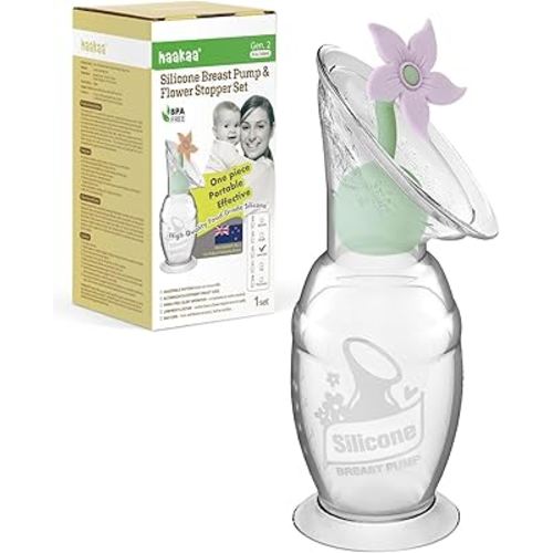 haakaa Manual Breast Pump with Flower Stopper Set, Gen.2 Silicone Hand Pump with Suction Base, BPA Free (4oz/100ml, Lavender)