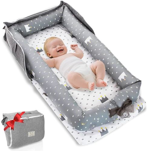 Baby Lounger for Newborn to Toddler 0-24 Months - Portable Infant Lounger Bed with Breathable Cotton, Adjustable Size & Lengthen Space Travel Strap for Home, Outdoor (1. Crown)