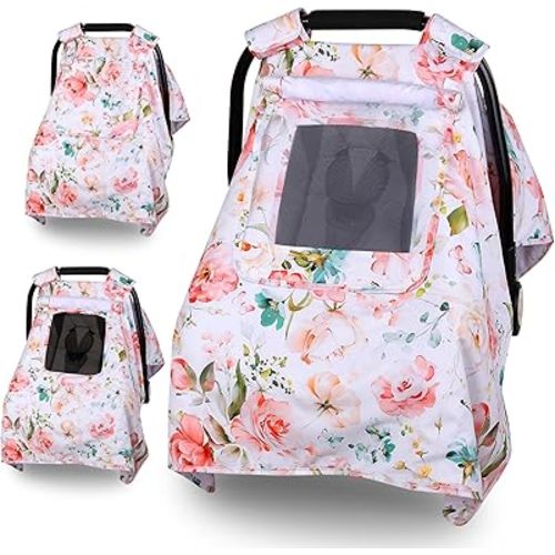 Car Seat Cover Baby, Carseat Covers Baby with 2 Layers Breathable Windows, Windproof Infant Car Seat Cover, Kick-Proof Baby Carrier Cover for Baby Girl Newborn Essentials