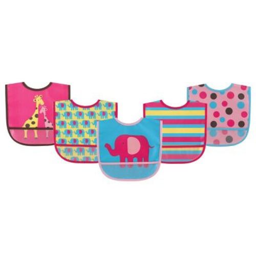 Luvable Friends Baby Girl Waterproof Peva Bibs 5pk, Pink Giraffe, One Size