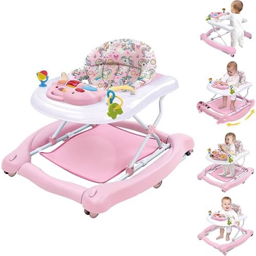 5 in 1 Foldable Baby Walker, Activity Baby Walker-Baby Bouncer, Rocker, Activity Center,Seat and Push Walker,Detachable Trampoline Mat, Adjustable Speed Rear Wheels and Height,Ages 6-18 Months(Pink)