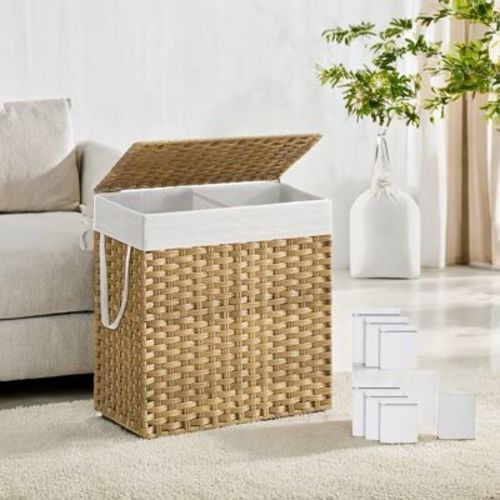 110l Laundry Hamper With Lid Laundry Clothes Hamper With 2 Removable Liner Bags Wicker Double Laundry Basket For Bathroom Natural