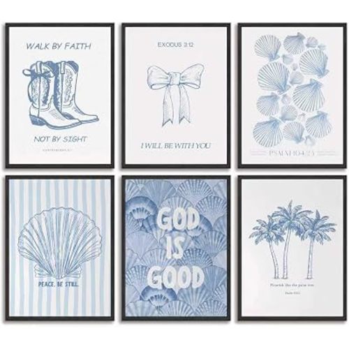 6Pcs Unframed Blue Coastal Canvas Wall Art Summer Seashell Cowboy Boots And Beach Preppy Bow Prints Wall Decor for Girly Room Dorm Apartment And Sea View Room Home Decoration