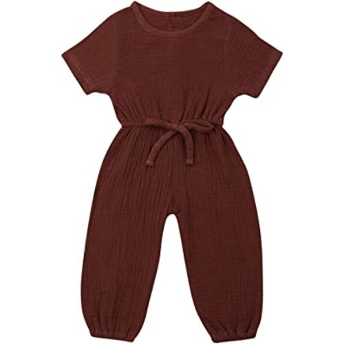Mubineo Toddler Baby Girl Summer Fall Basic Plain Short Sleeve Cotton Linen Drawstring Romper Jumpsuit