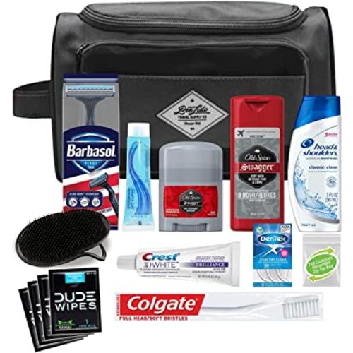 Convenience Kits International Men's Premium 15-Piece Kit wth Travel Size TSA Compliant Essentials, Featuring: Head & Shoulders Dandruff Shampoo Classic Clean and Palm Scalp Brush in Black Dopp Bag